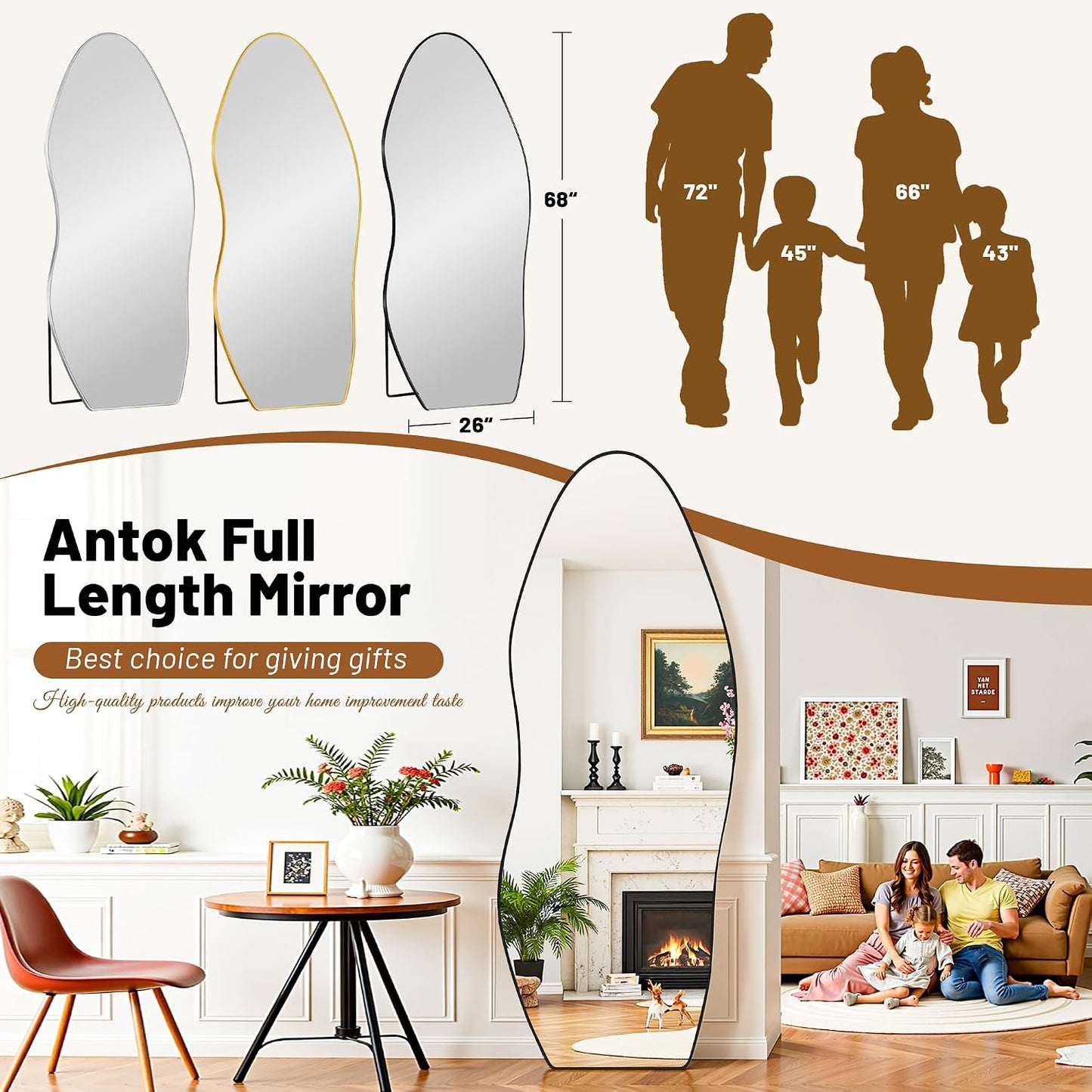 Antok Irregular Full Length Mirror, 76"x36" Asymmetrical Floor Mirror with Stand, Standing Hanging Leaning Irregular Mirrors for Bedroom Living Room Entryway, Wavy Shaped, Black