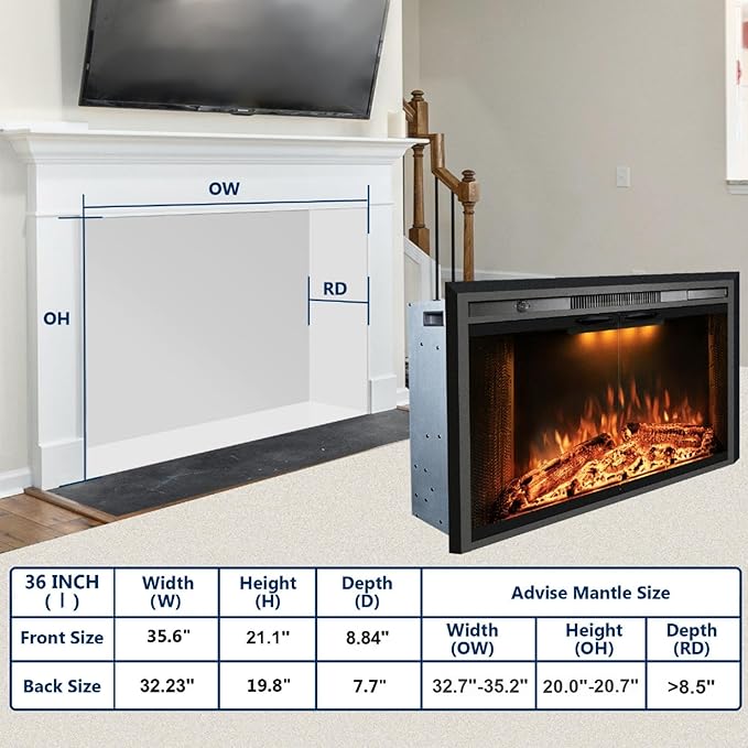 36 Inches Electric Fireplace Insert, 750W/1500W Fireplace Heater - Image 6