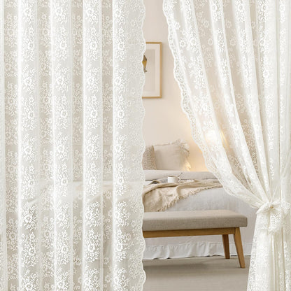 2 Panels Vintage Lace Curtains 63 Inches Length 52 x 63 Inch Ivory | Floral and Branch Pattern, Elegant, Romantic, Sheer, Light Filtering, Lacy Drapes, Living Room, Bedroom