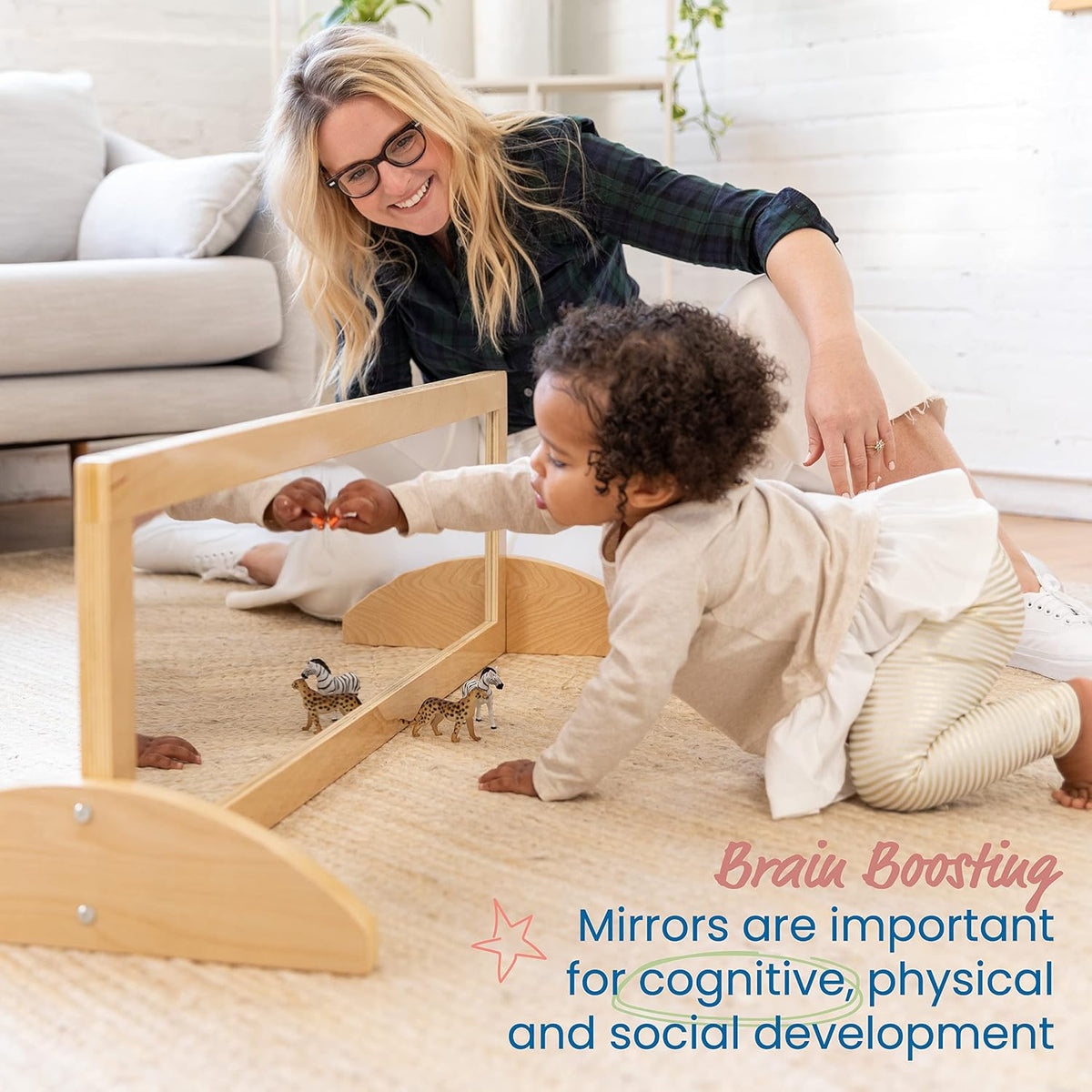 ECR4Kids Double-Sided Wooden Bi-Directional Mirror, Montessori, Natural | Durable birch, GREENGUARD Gold Certified, shatter-resistant mirror, anti-tip feet, vertical & horizontal use, classroom/home