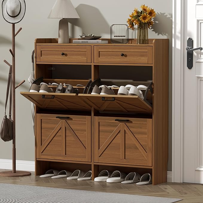 Shoe Cabinet with 4 Flip Drawers & 2 Storage Drawers, Rustic Farmhouse Narrow - Image 3