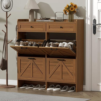 Shoe Cabinet with 4 Flip Drawers & 2 Storage Drawers, Rustic Farmhouse Narrow - Image 3