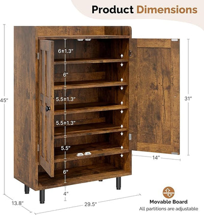 Farmhouse Shoe Cabinet with Doors, 6-Tier Wooden Shoe Organizer with Adjustable - Image 2