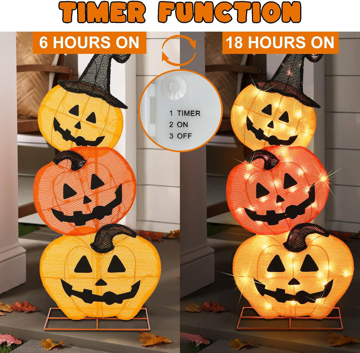 Halloween Lighted 3 Stacked Pumpkins, 39’’ H Pre-Lit Lighted Pumpkins with 50...