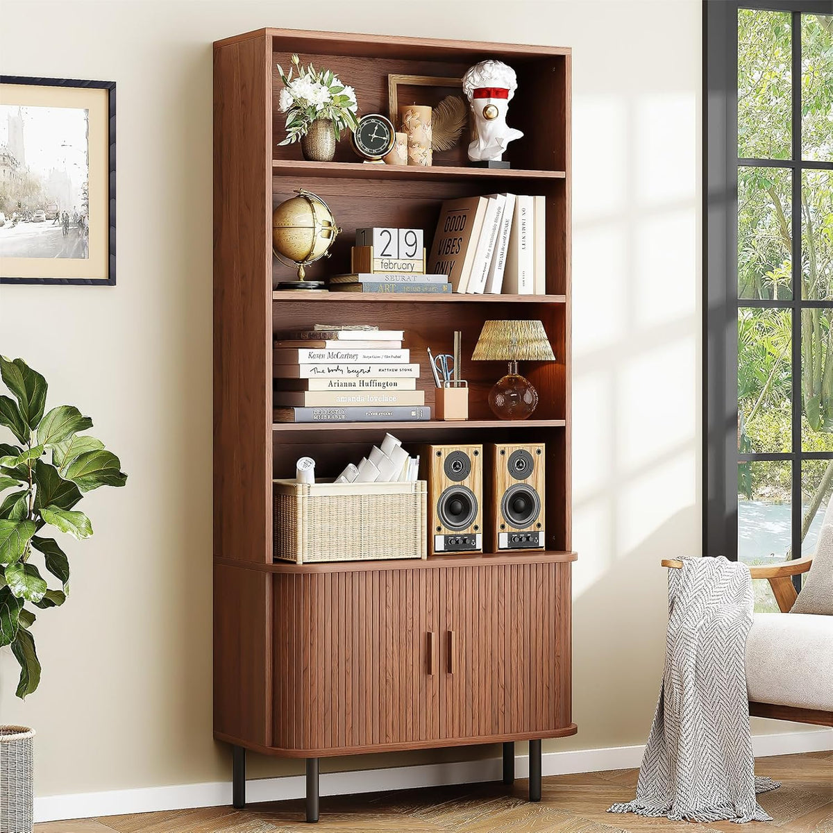 ONBRILL 71" T Bookshelf with Sliding Door, 31.5" W Bookcase Storage...