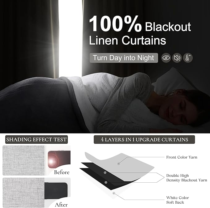 Grey Linen Room Darkening Curtains 95 Inches Long 2 Panels Set - Image 2