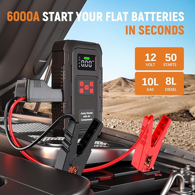 HPBS 6000A Jump Starter with Air Compressor, Portable Car Battery Jump Starter - Image 3