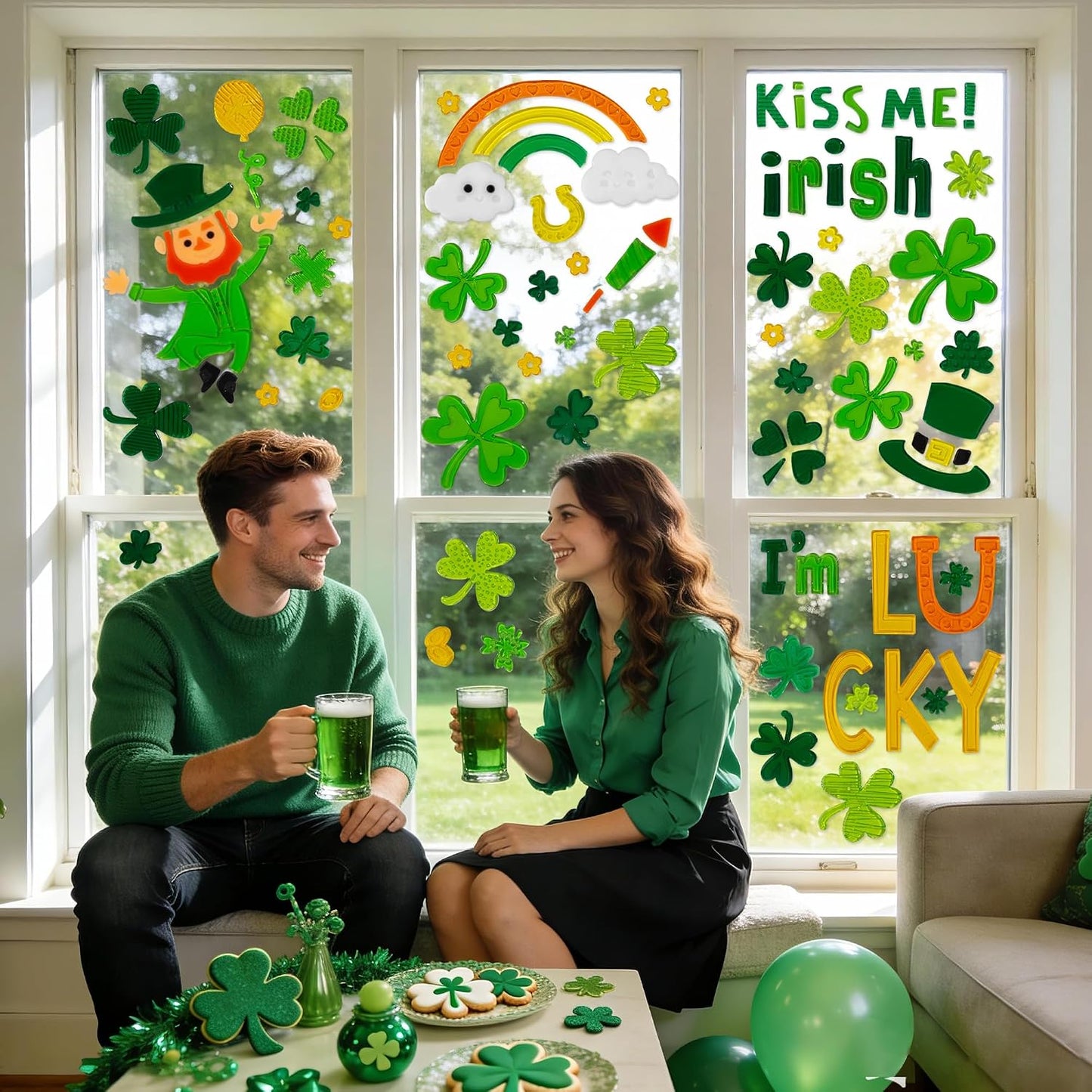 6 Pcs St Patricks Day Window clings–Reusable Window Cling for Glass Windows | Reusable window stickers for window clings with Shamrock Irish Rainbow Gnome Gel Window Clings for St Patrick Day Decorations