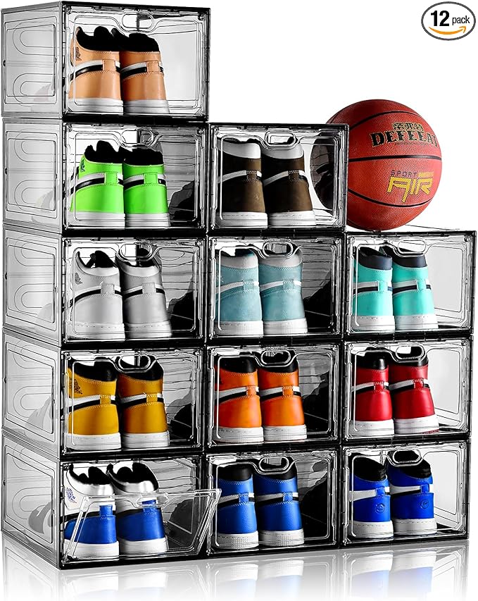 12 Pack Gray Transparent Shoe Storage Organizer, Stackable Shoe Boxes by INSTY