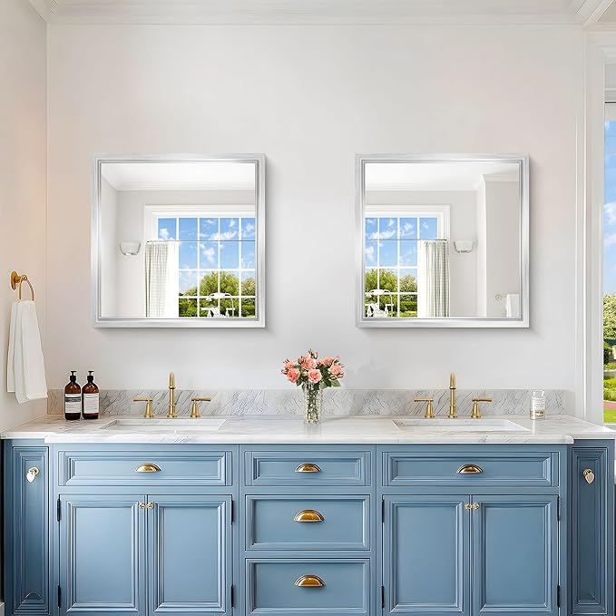 24 x 24 Silver Bathroom Mirror, Brushed Silver Square Mirror - Image 3