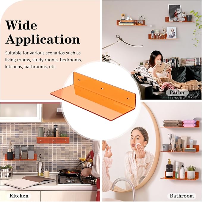 15 Inches Orange Acrylic Wall Shelves 2 Pack, L Shape Floating Shelf, Perspex - Image 6