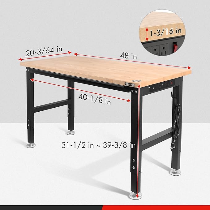 WORKPRO 48" Adjustable Workbench, Rubber Wood Top Heavy-Duty Workstation - Image 5