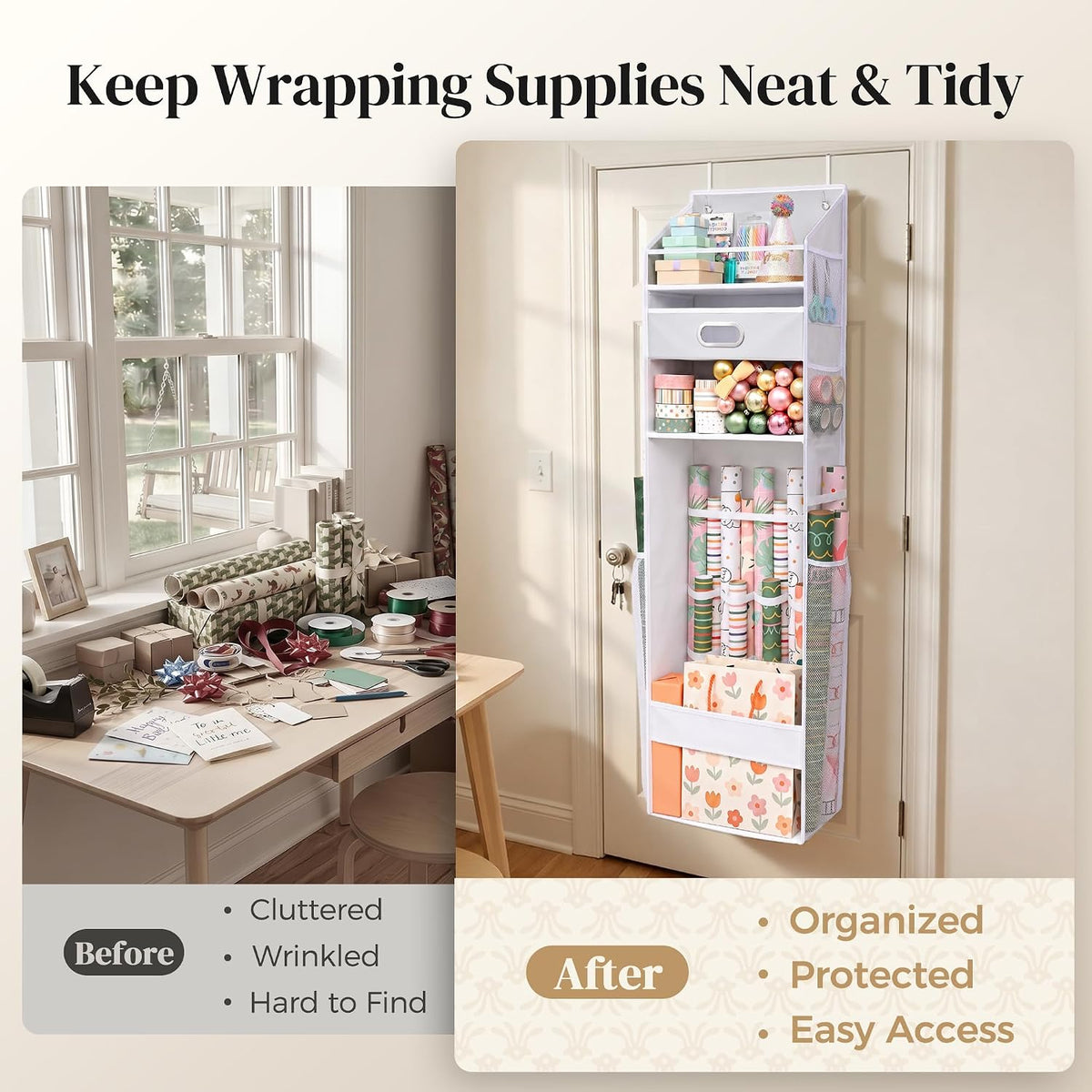 Ordovibe Wrapping Paper Storage Organizer, Over The Door Gift Wrap Holder wit...
