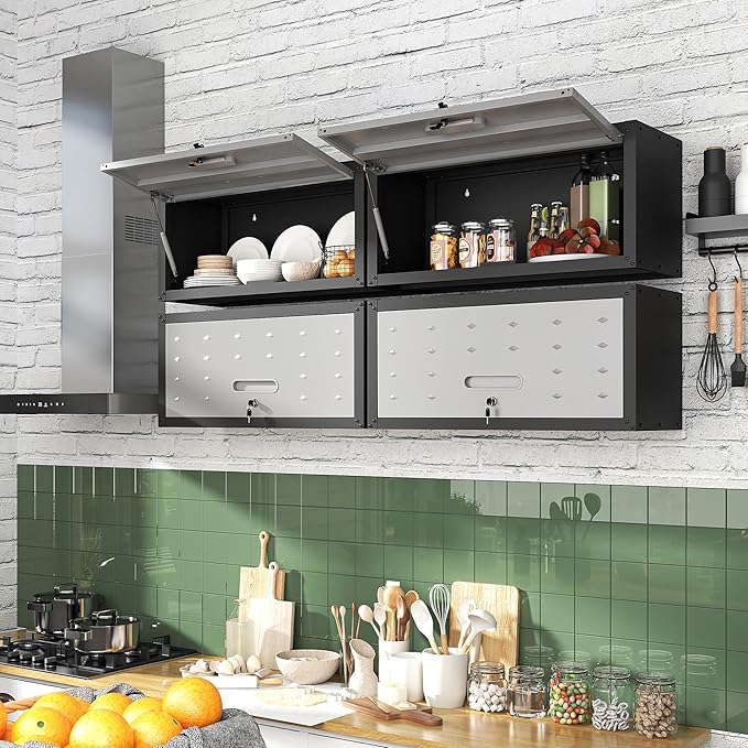 Garage Wall Cabinet with Flip-Up Door, Lockable Metal Storage Cabinet Wall - Image 5