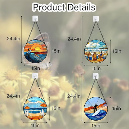 AMDERVEN Stained Glass Window Hanging 4 Pcs Set Blue Ocean Surfing Beach Large - Image 6