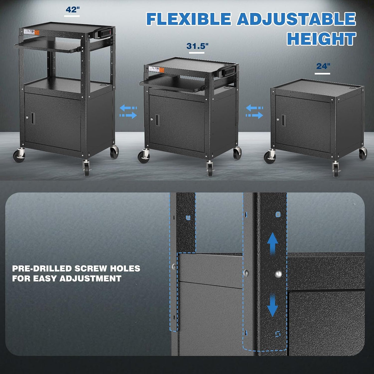 POCHAR Steel Large AV Cart with Locking Cabinet - Adjustable Height Media Car...