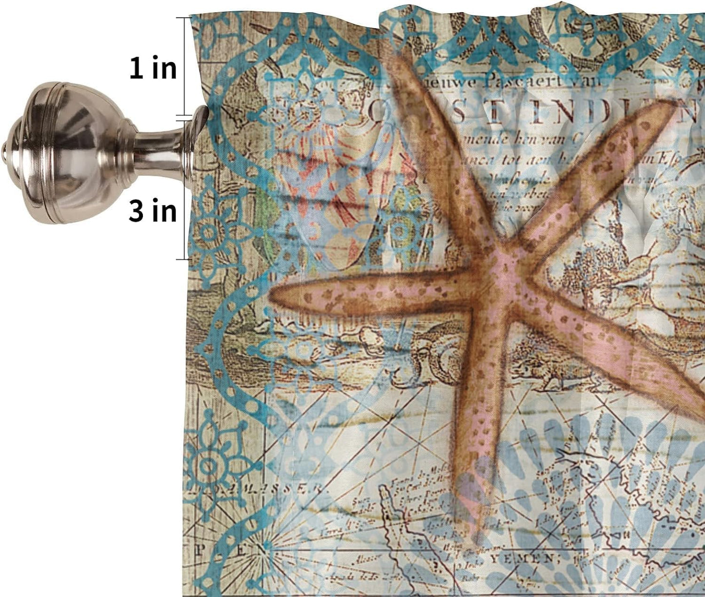 Nautical Turtle Curtains Valances for Bedroom Living Room,Starfish Curtains valance & Drapes Rod Pocket ,Seaweed Nautical Map Texture Valances for Kitchen Windows Curtain Over Sink 54x18in,1 Panel