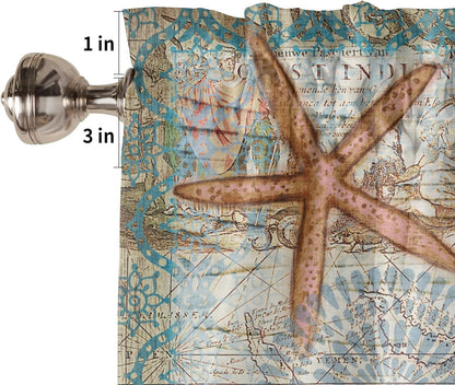 Nautical Turtle Curtains Valances for Bedroom Living Room,Starfish Curtains valance & Drapes Rod Pocket ,Seaweed Nautical Map Texture Valances for Kitchen Windows Curtain Over Sink 54x18in,1 Panel