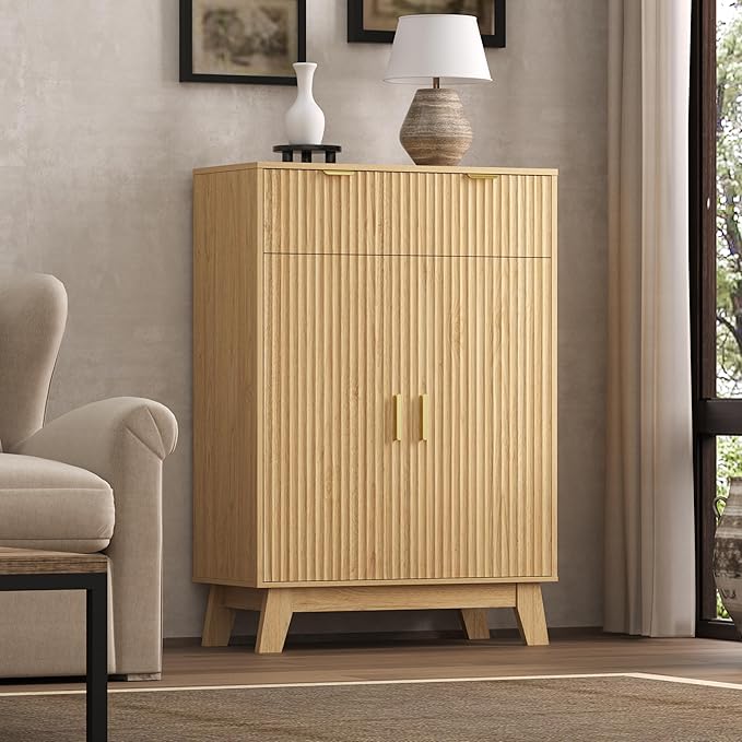 Fluted Shoe Cabinet, 4-Tier Mid Century Modern Narrow Shoe Storage Cabinet - Image 4