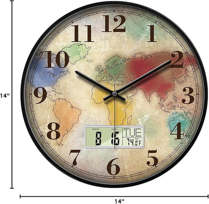 Modern Round Retro Digital and Analog Wall Clock Silent Calendar Colorful World - Image 10