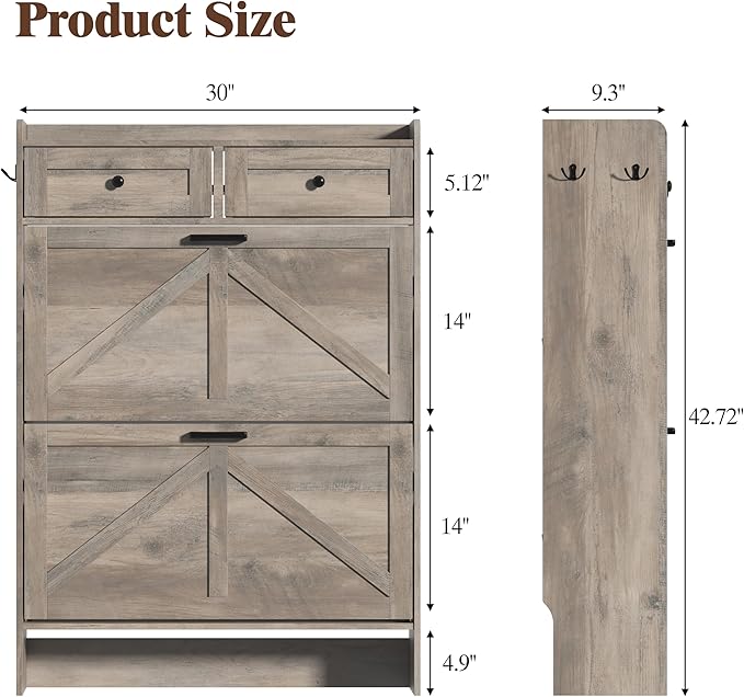 Shoe Cabinet with 2 Flip Drawers & 2 Storage Drawers, Rustic Farmhouse Narrow - Image 2