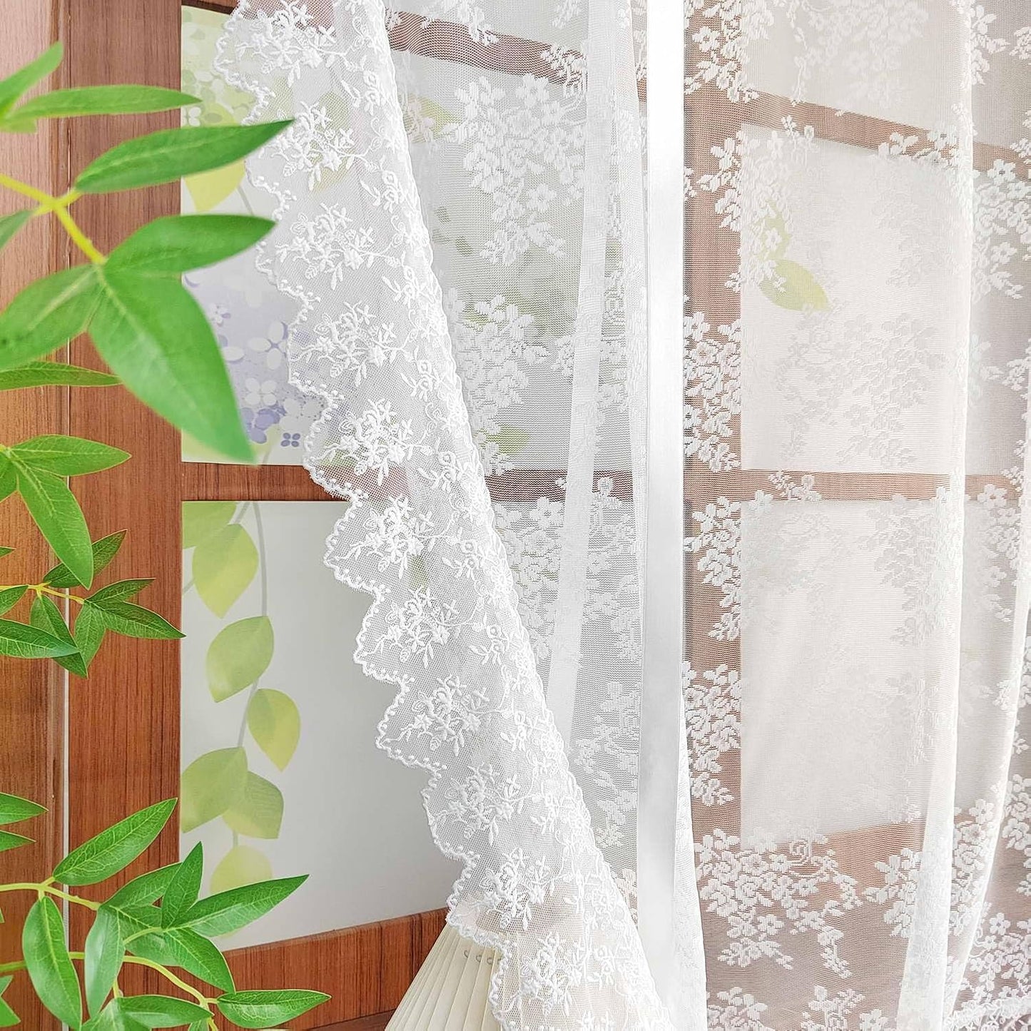 White Floral Lace Tie Up Curtain, Adjustable Lift Balloon Window Shade | Scalloped Edge Kitchen Curtain, Light Filtering Sheer Lace Curtain for Cafe Bathroom Rod Pocket, 1 Panel (W35 L39 inch)