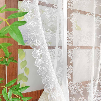 White Floral Lace Tie Up Curtain, Adjustable Lift Balloon Window Shade | Scalloped Edge Kitchen Curtain, Light Filtering Sheer Lace Curtain for Cafe Bathroom Rod Pocket, 1 Panel (W35 L39 inch)