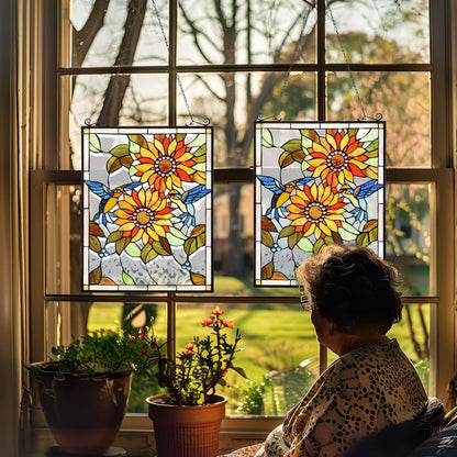 Capulina Sunflower and Birds Stained Glass Panels Window Hangings