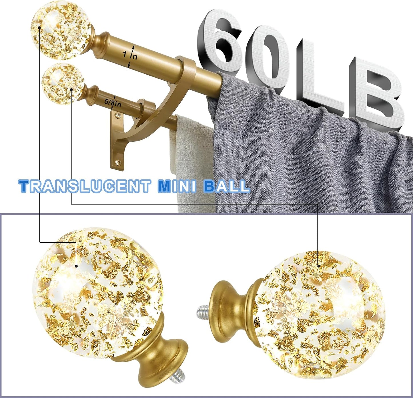 Gold Double Curtain Rod 72 to 144 Inch,Double Decorative Crystal Drapery Rods with Solid Aluminum Bracket Acrylic Sheer Bling Foil Finials,1" Front and 5/8" Back Heavy Duty Curtain Rods for Windows