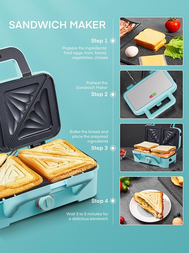 FOHERE Waffle Maker 3 in 1 Sandwich Maker 1200W Panini Press - Image 5