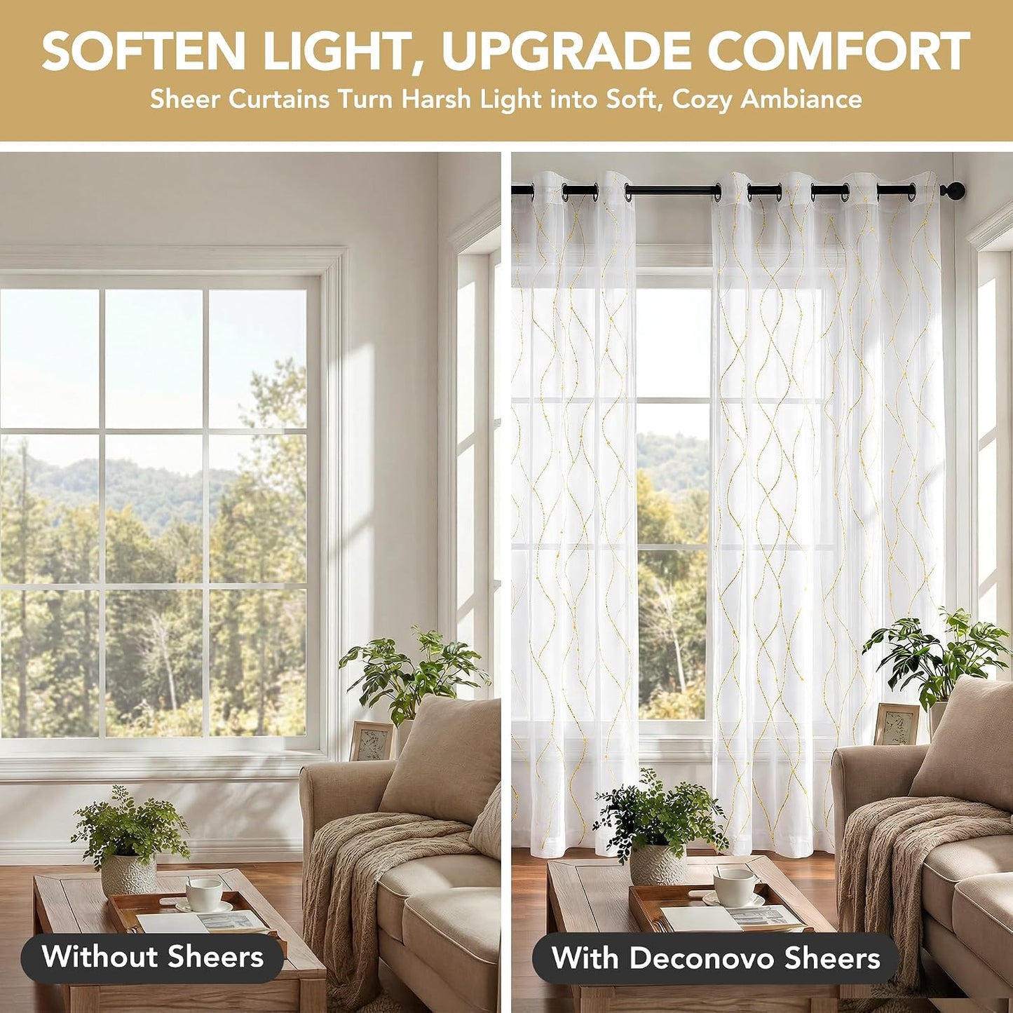 Deconovo Embroidered White Sheer Curtains for Bedroom, Grommet Top, Set of 2, 52W x 84L in per Panel, White Sheer Panels with Gold dots and line Embroidery