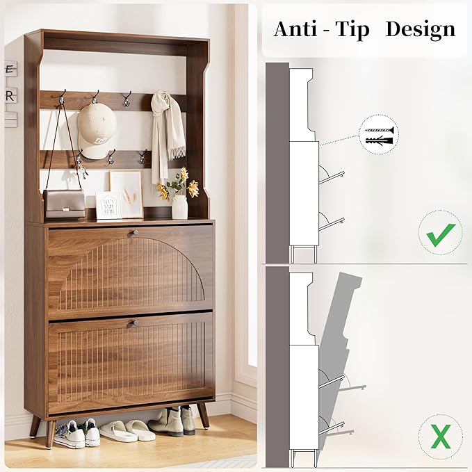 Shoe Cabinet for Entryway with 2 Flip Drawers & Coat Rack, Narrow Hidden Shoe - Image 9