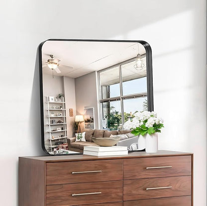CIRCUMI Black Bathroom Mirror, Rounded Corner, Tempered Glass, Square Mirror - Image 2