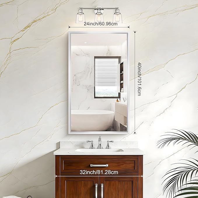 40x24 Silver Bathroom Mirror, Brushed Silver Rectangular Mirror - Image 2