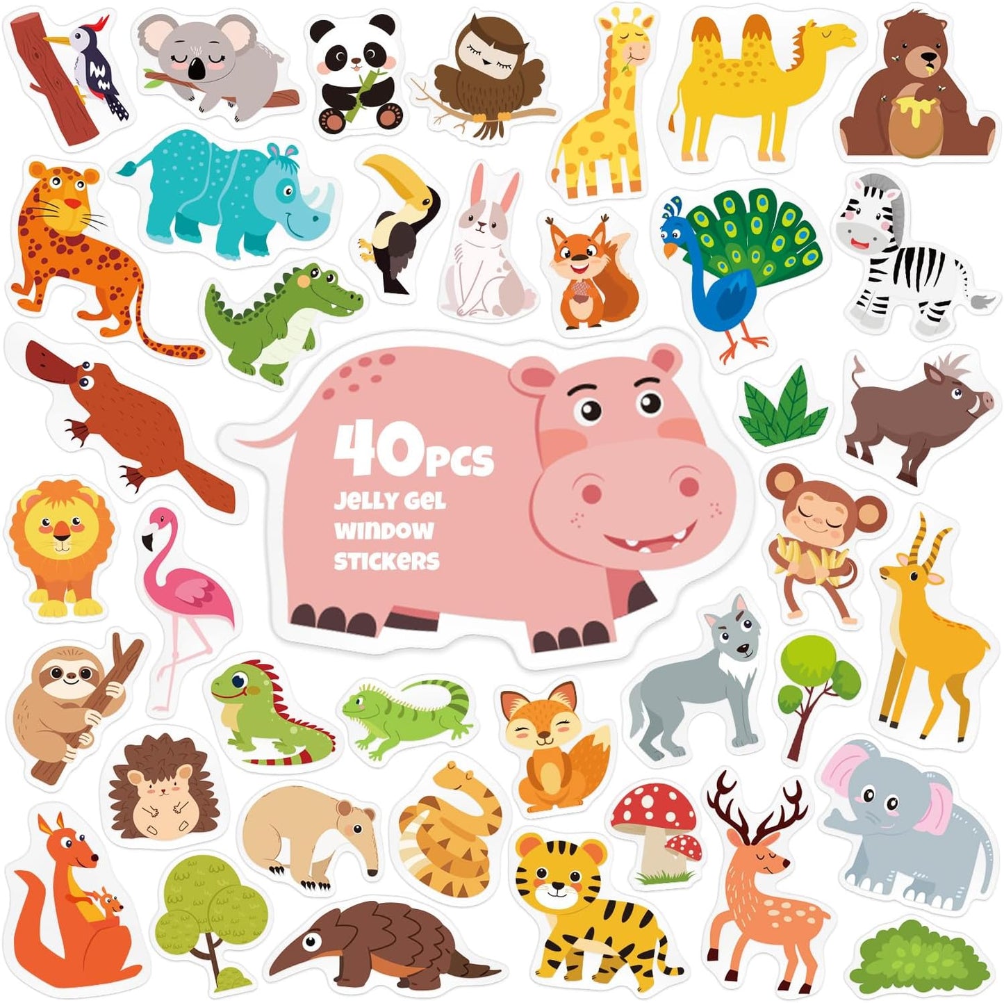 40PCS Animals Jelly Stickers for Kids, Safari Wildlife Window Clings for Toddlers Glass Windows, Thick Gel Clings Decals of Cute Lion Elephant, Removable Reusable Quiet Airplane Travel Toys