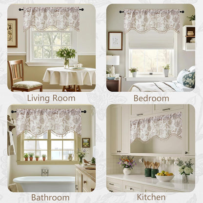 Scalloped Valance for Windows - Faux Linen Textured Short Kitchen Valance with Tassels, Farmhouse Floral Printed Small Window Curtains for Bathroom Basement RV, 1 Piece, 52Wx18L Inches, Taupe