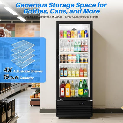 Commercial Beverage Refrigerator, 24.5" Glass Door Display Fridge, 15 Cu.Ft - Image 2