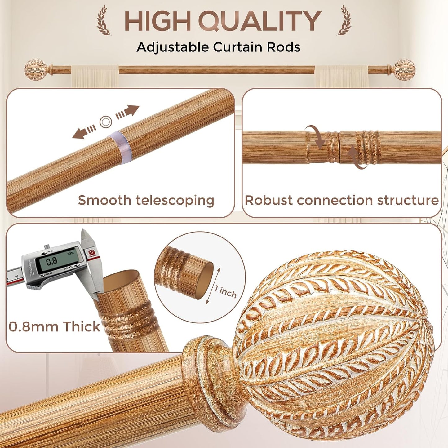 2 Pack Wood Curtain Rod for Windows 48 to 84 Inch, 1'' Diameter Adjustable Heavy Duty Rustic Farmhouse Drapery Rods with Boho Imitation Wooden Grain Decorative Finials, Size: 30''-88'' – Light Wood