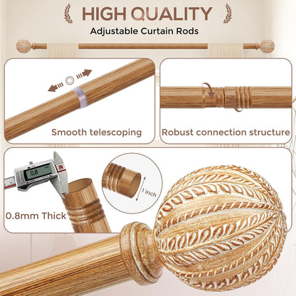 2 Pack Wood Curtain Rod for Windows 48 to 84 Inch, 1'' Diameter Adjustable Heavy Duty Rustic Farmhouse Drapery Rods with Boho Imitation Wooden Grain Decorative Finials, Size: 30''-88'' – Light Wood
