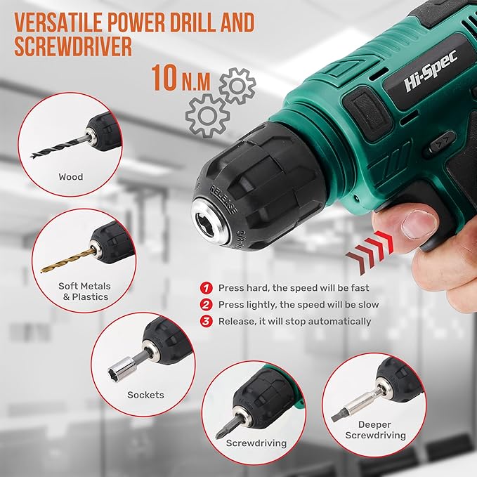 Hi-Spec 110pc Green 8V USB Electric Power Cordless Drill Driver Set. Drill Bits - Image 4