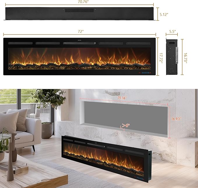 72 Inch WiFi-Enabled Recessed Electric Fireplace Inserts - Image 3