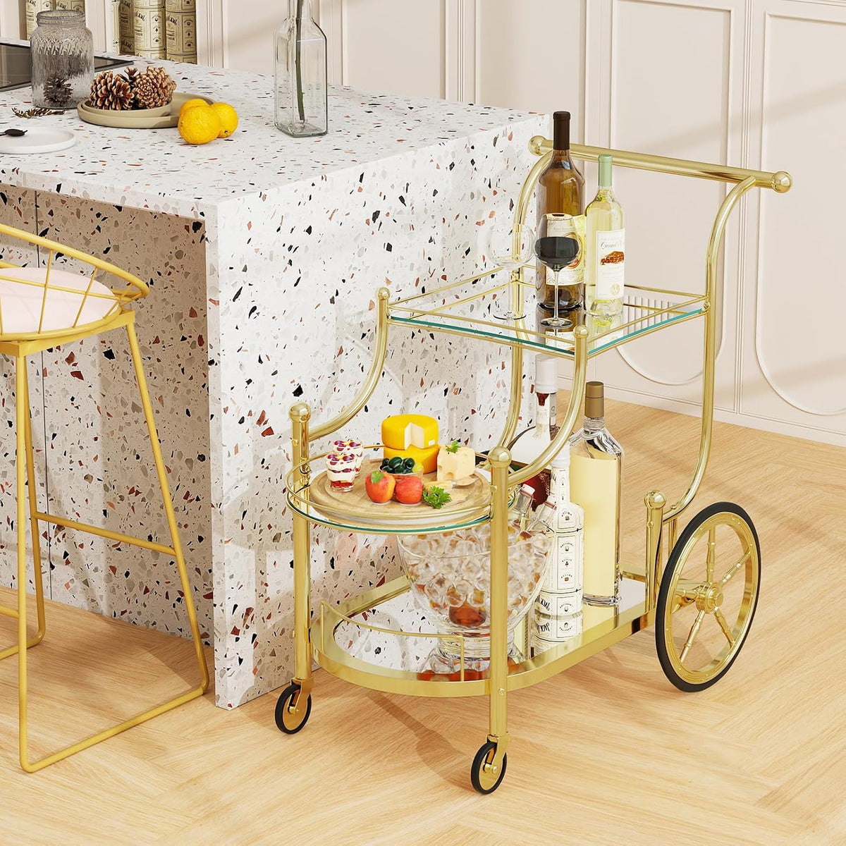 Tangkula Bar Cart, 3-Tier Rolling Home Bar Serving Cart with Mirrored Shelves...