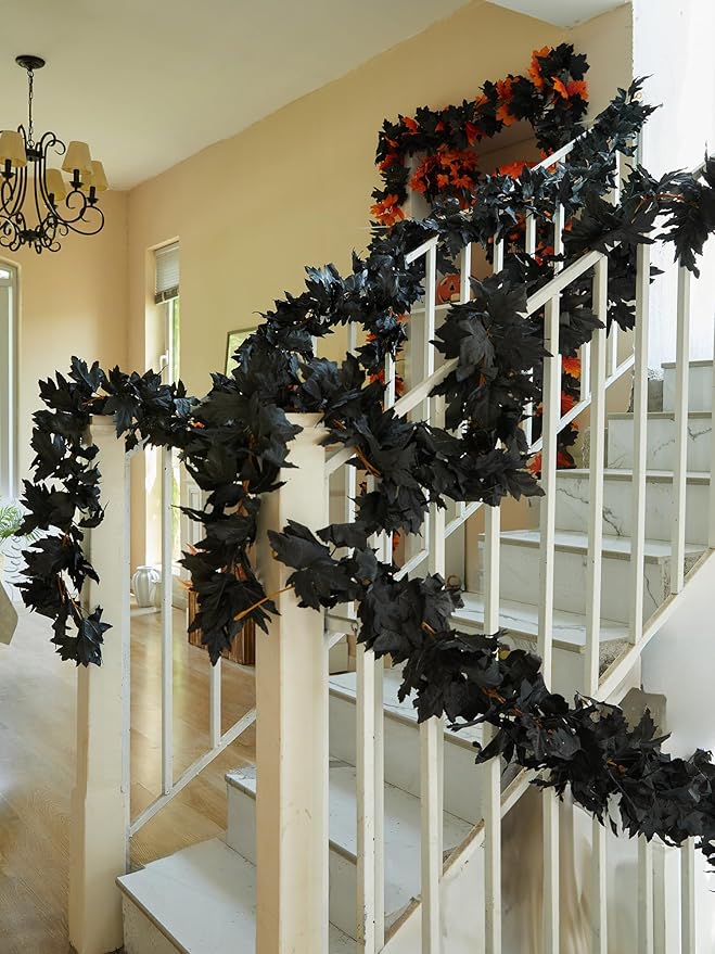 PARTY JOY Black Artificial Maple Leaf Garland - 6PCS 5.6Ft Halloween Decor, G...