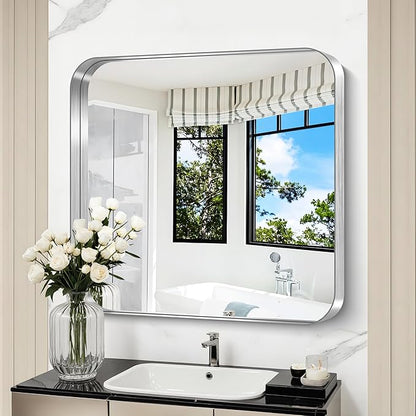 CIRCUMI Silver Bathroom Mirror, Rounded Corner, Tempered Glass, Square Mirror by CIRCUMIMirror