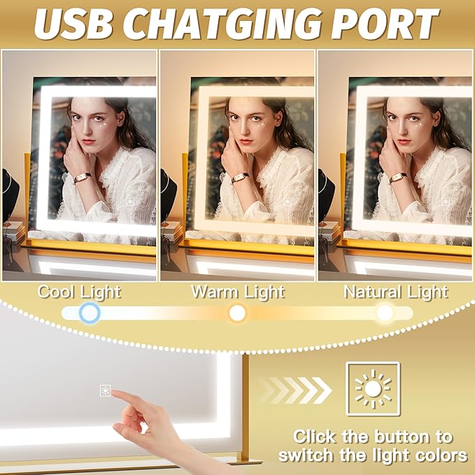 FENNIO Vanity Mirror with Lights 22''x18'' Makeup Mirror with Lights, Lighted - Image 3