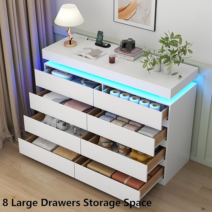 8 Drawer Dresser with Power Outlet, Dresser with LED Light, Modern Chest of - Image 5