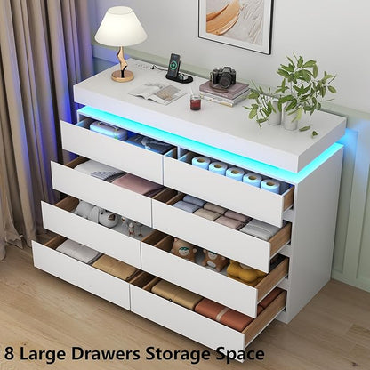 8 Drawer Dresser with Power Outlet, Dresser with LED Light, Modern Chest of - Image 5