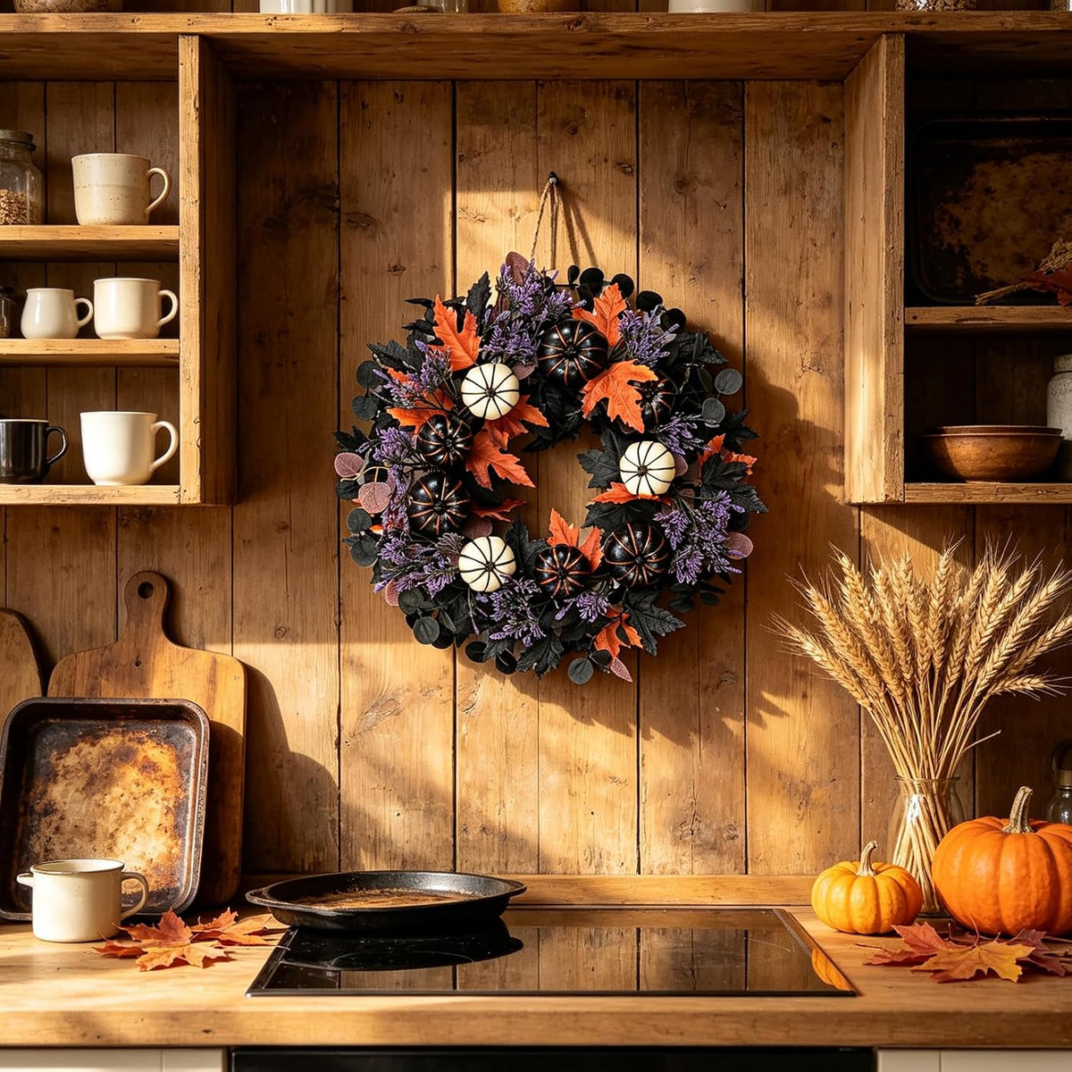 22" Halloween Wreaths for Front Door Black White Pumpkins Fall Wreath