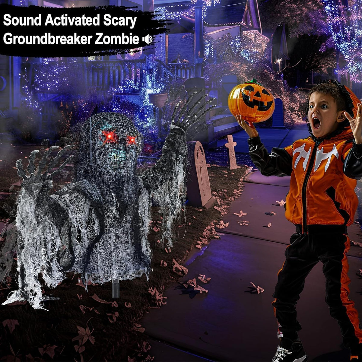 Talking Zombie Groundbreaker Halloween Animatronic with Red Eyes