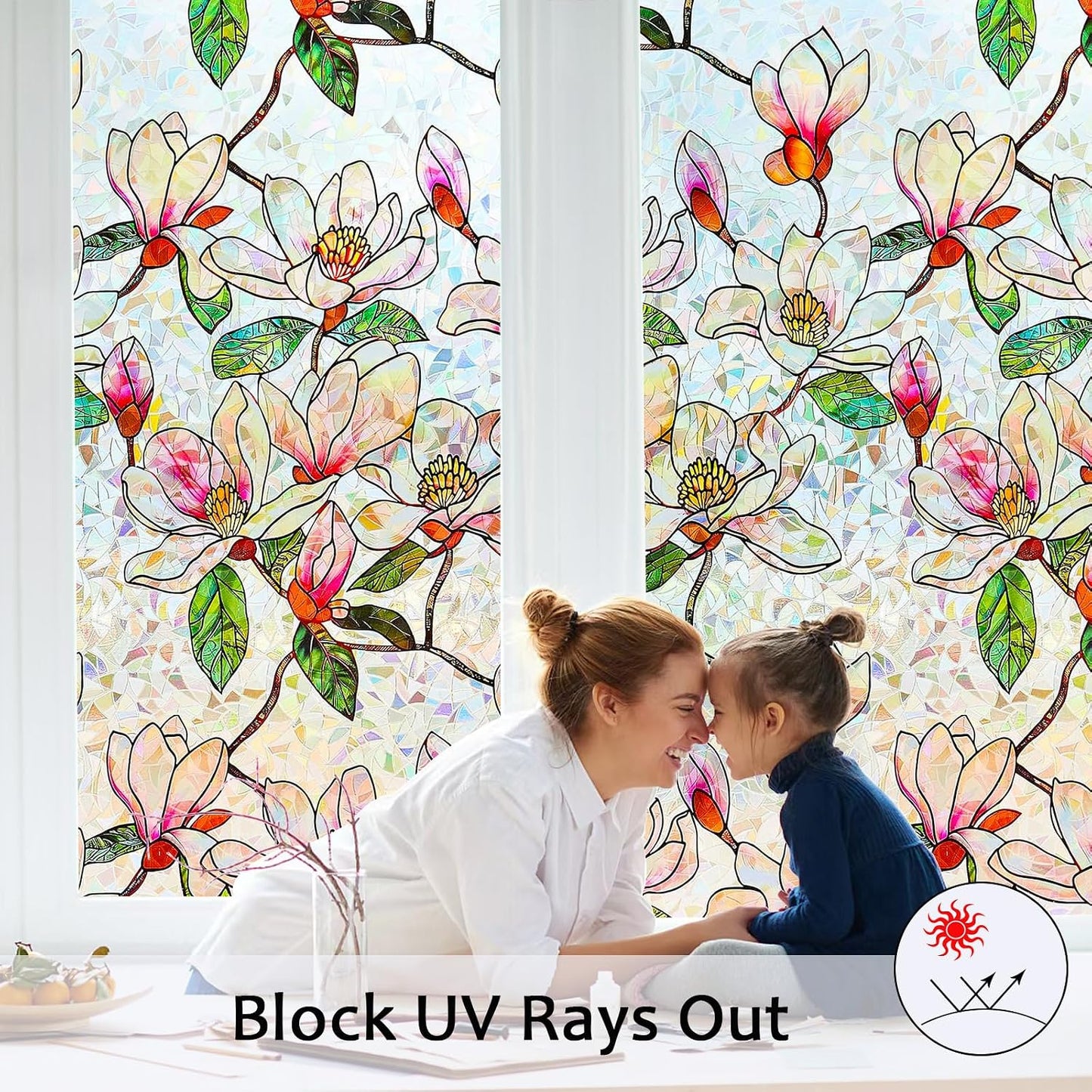 Window Privacy Film, Stained Glass Rainbow Stickers 17.5"x78.7" | 3D Colorful Static Cling Window Film, UV Blocking Heat Control Non-Adhesive, Day Night Privacy for Front Door Bathroom Office